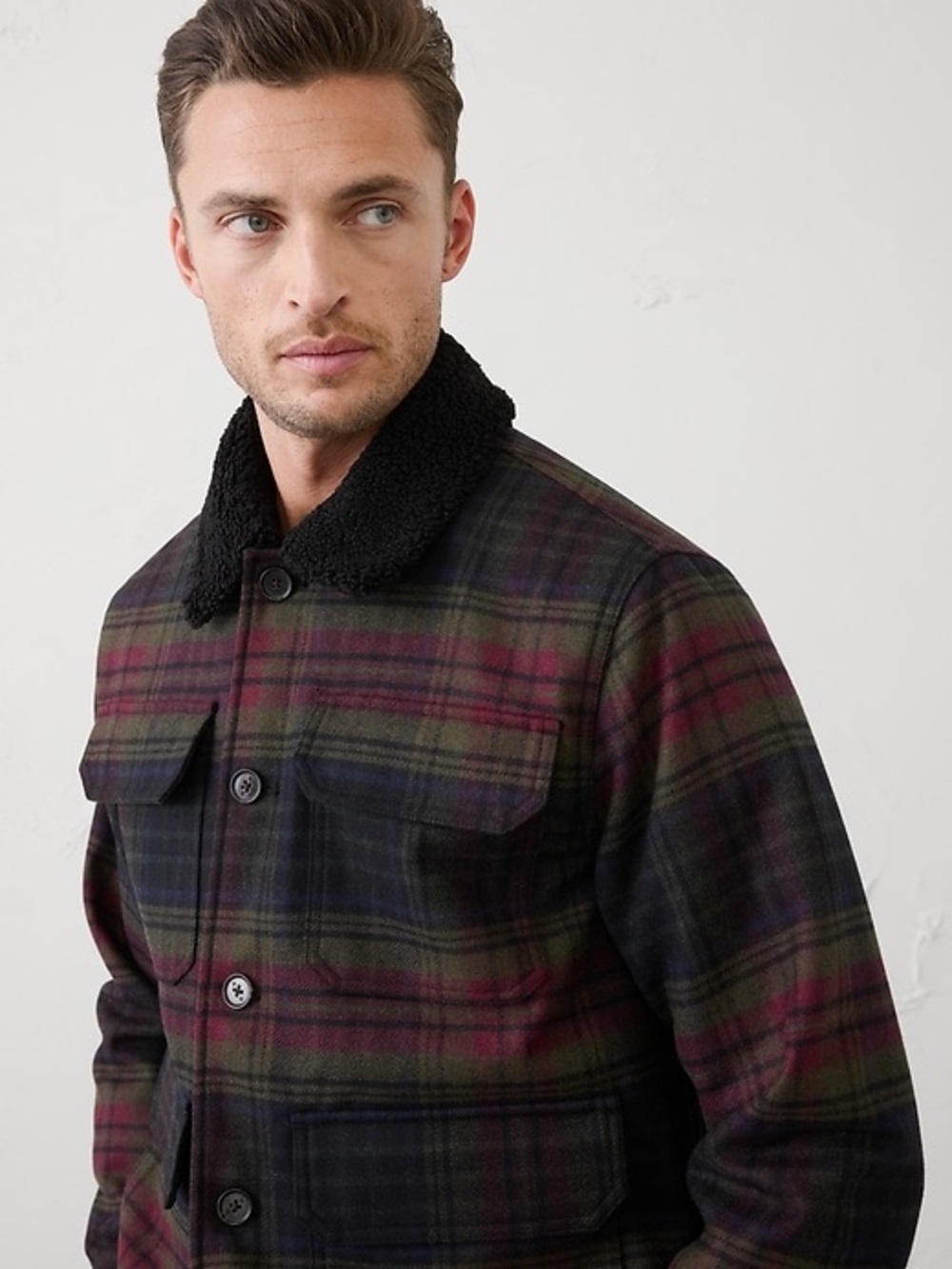 Banana Republic Men’s Plaid Field Jacket with Sherpa Collar Flannel Small